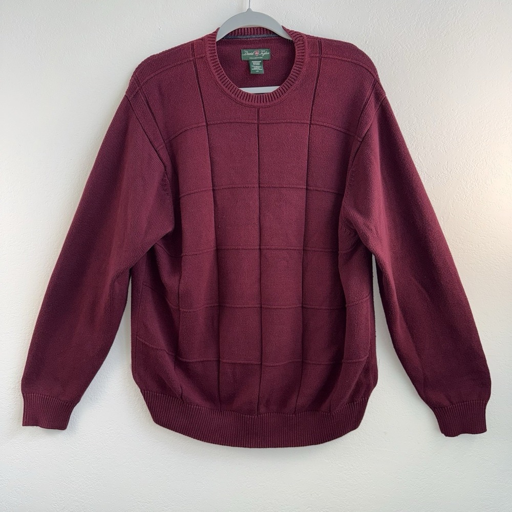 Vintage David Taylor 100% Cotton Knit Men's Sweater Large Burgundy Textured